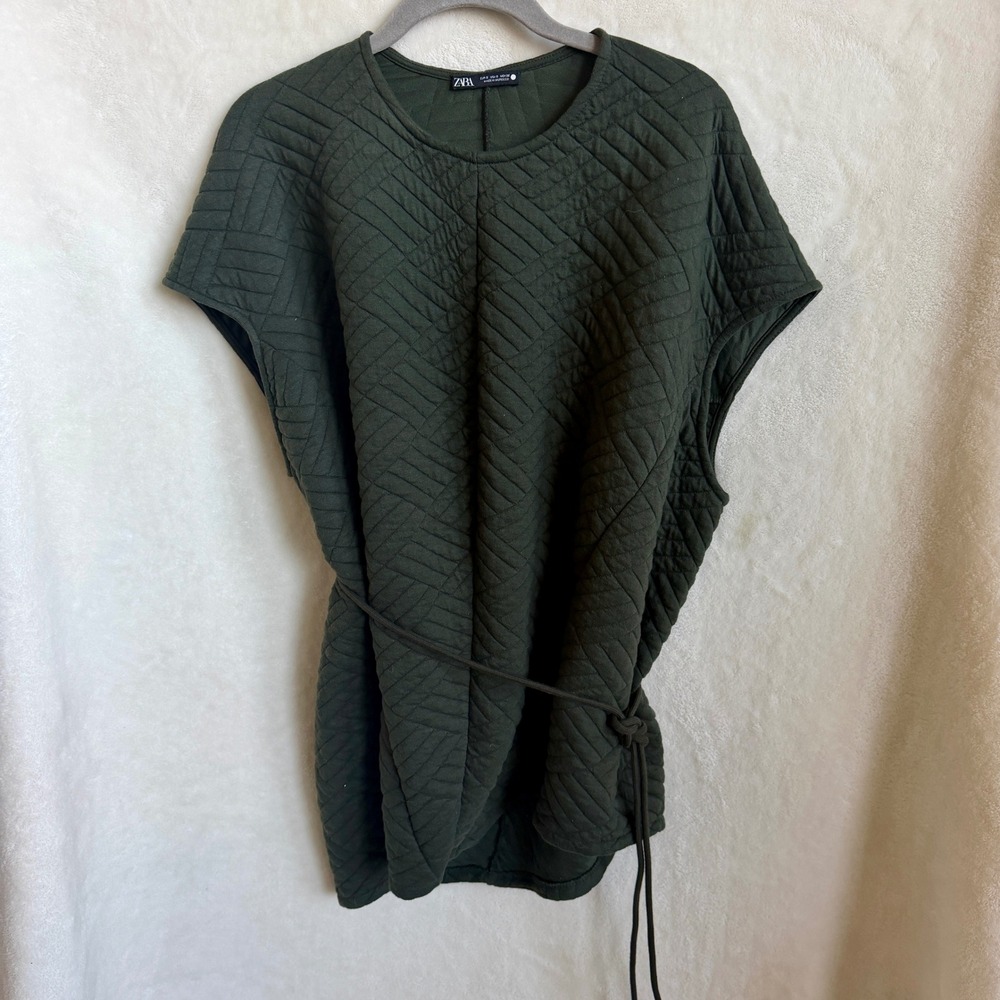 Zara Womens Olive Green Quilted Cocoon Top Cap Sleeve Drawstring Tie Size S